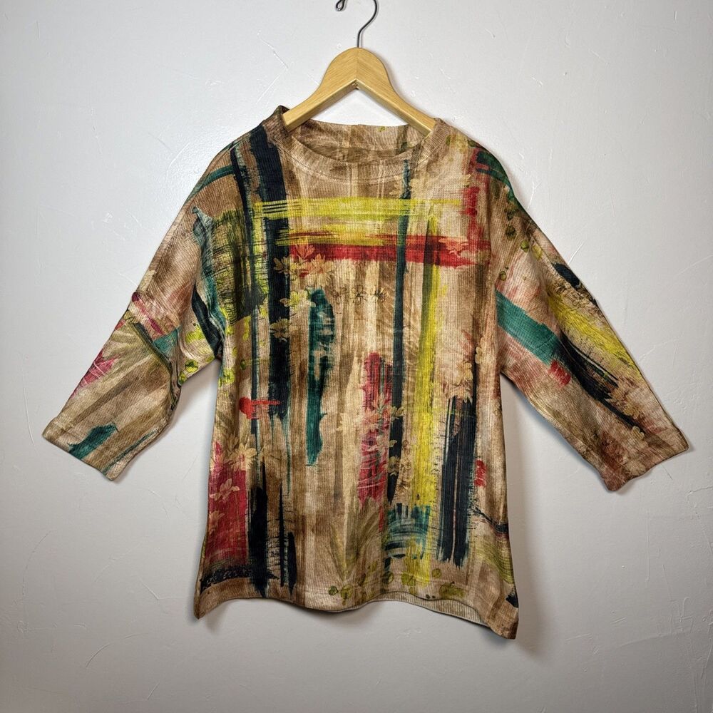 Ali Miles Thick Tunic Top Size Medium Waterpaint Floral Lagenlook Artsy
